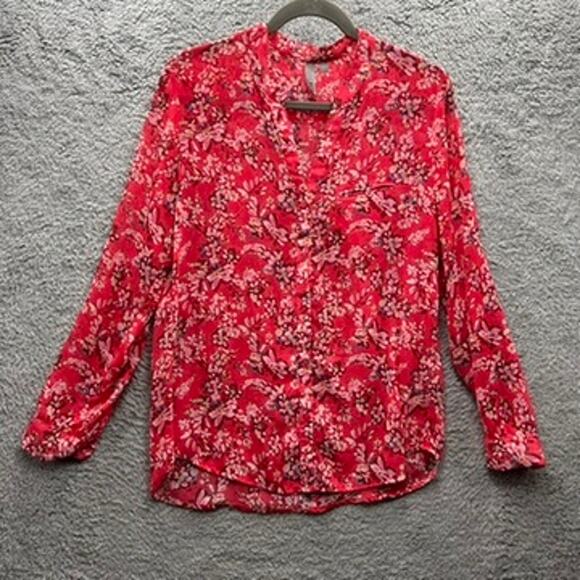 Kut From the Kloth Women's Sheer Red Floral Button Up Blouse Roll-Up Sleeves - Picture 5 of 10